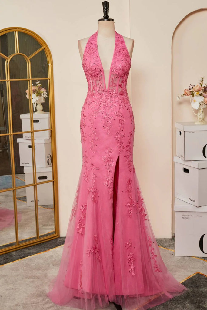 Pink Halter Neck Open Back Mermaid Lace Long Prom Dresses, Mermaid Pin Lwt Dress Pink Halter Neck Open Back Mermaid Lace Long Prom Dresses, Mermaid Pin Lwt Dress