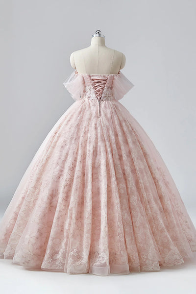 Pink Lace Off Shoulder Floral Long Prom Dresses, Pink Lace Formal Evening Dresses, Pink Ball Gown WT1465