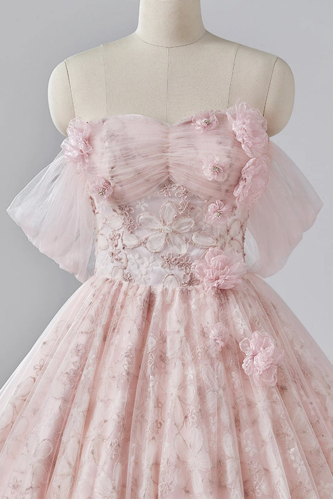 Pink Lace Off Shoulder Floral Long Prom Dresses, Pink Lace Formal Even – Lwt Dress