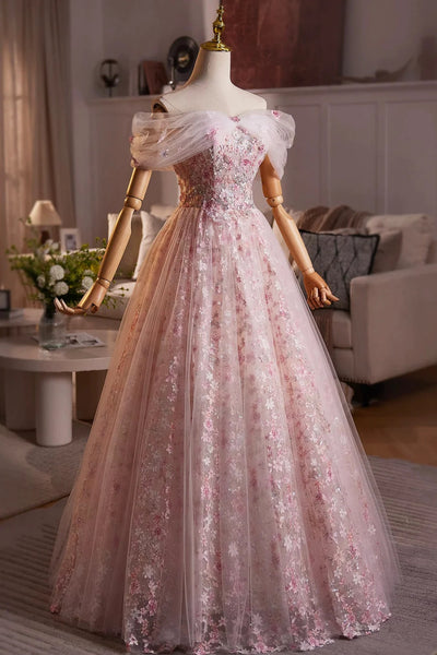 Pink Lace Off the Shoulder Long Prom Dresses, Pink Lace Formal Dresses, Pink Evening Dresses with Appliques WT1689