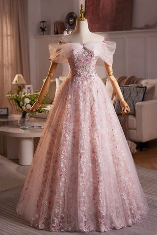 Pink Lace Off the Shoulder Long Prom Dresses, Pink Lace Formal Dresses, Pink Evening Dresses with Appliques WT1689