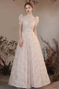 Pink Lace Short Sleeves High Neck Long Prom Dresses, Pink Lace Formal Graduation Evening Dresses WT1292