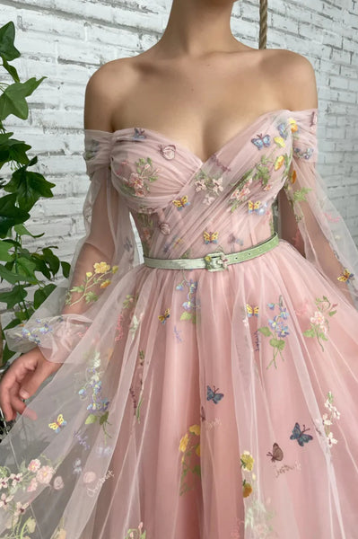 Pink Long Sleeves Off the Shoulder Prom Dresses with Appliques, Pink Floral Formal Graduation Evening Dresses WT1265