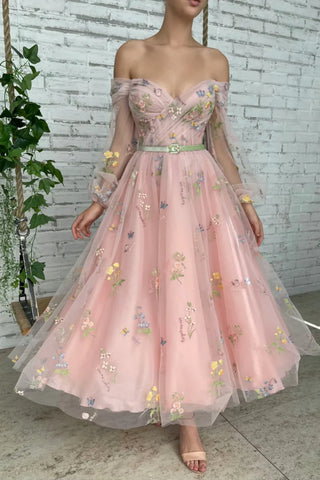 Pink Long Sleeves Off the Shoulder Prom Dresses with Appliques, Pink Floral Formal Graduation Evening Dresses WT1265