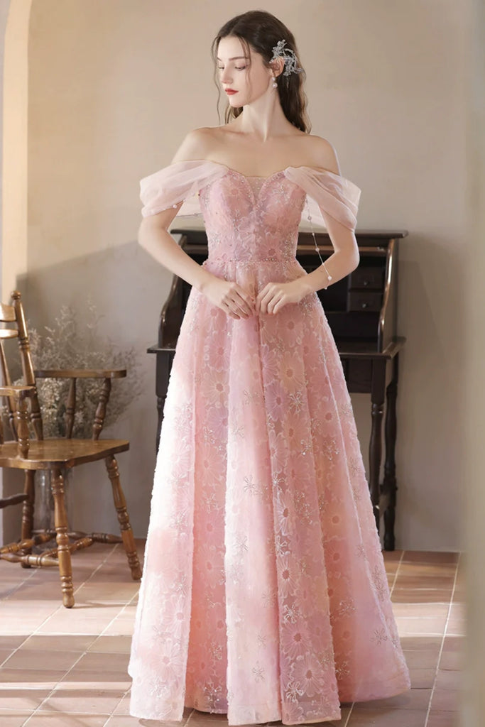 Pink Off Shoulder Lace Floral Long Prom Dresses, Off the Shoulder Pink