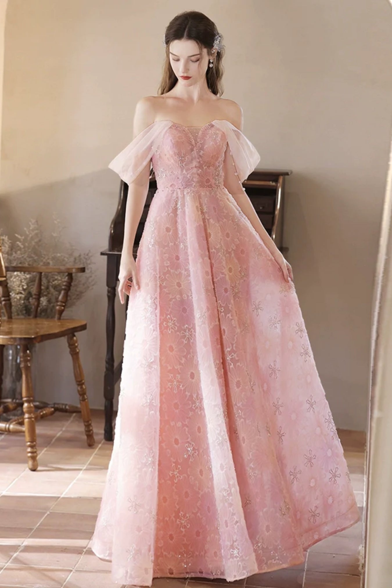 Pink Off Shoulder Lace Floral Long Prom Dresses, Off the Shoulder Pink Formal Dresses, Pink Lace Evening Dresses WT1376