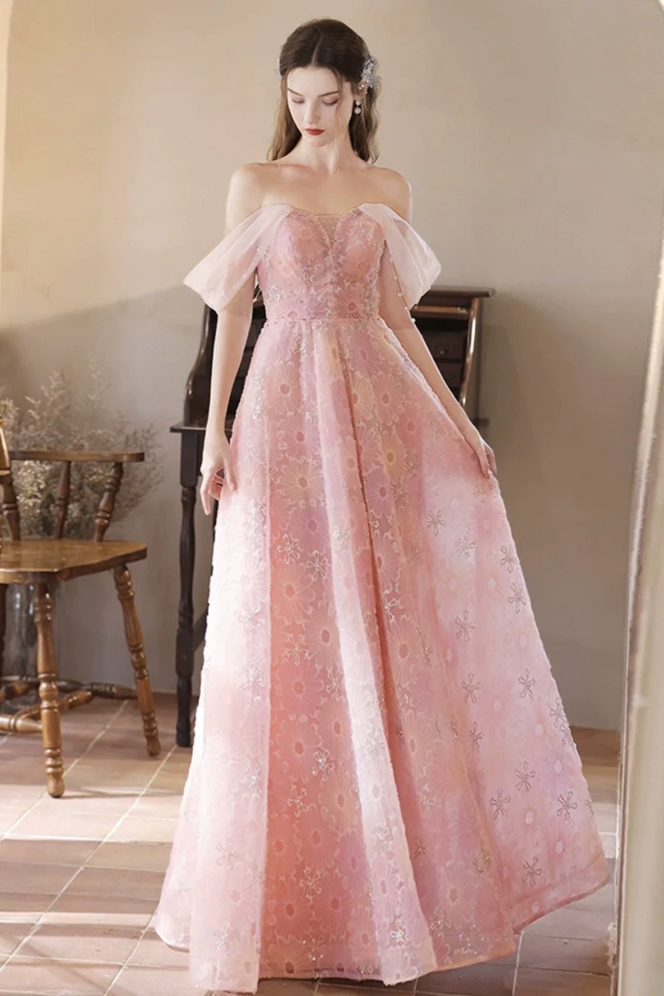 Pink Off Shoulder Lace Floral Long Prom Dresses, Off the Shoulder Pink