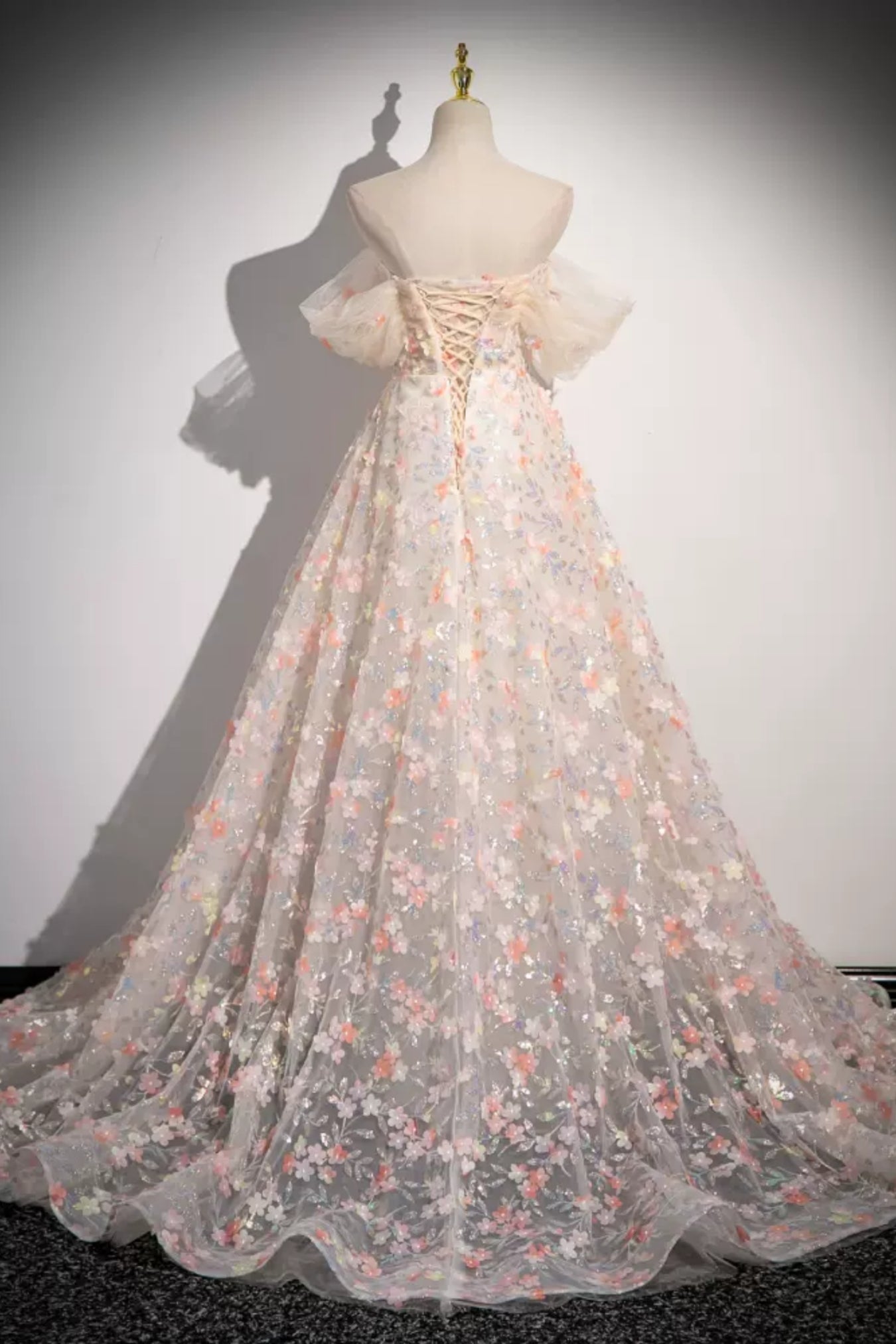 Pink Off Shoulder Lace Floral Long Prom Dresses, Pink Lace