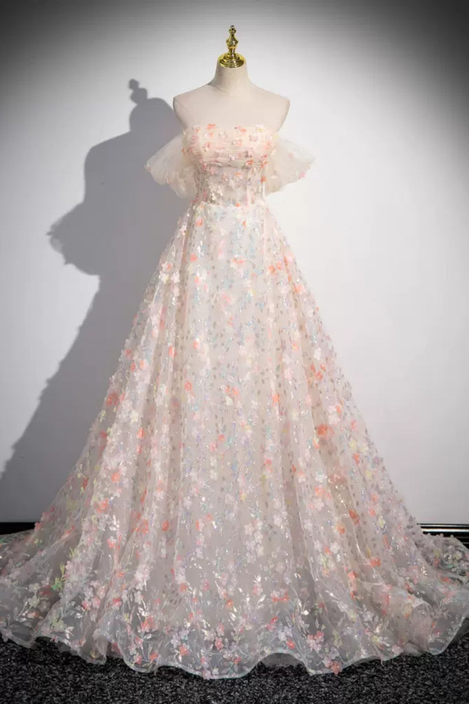 floral prom dress pink Pink Off Shoulder Lace Floral Long Prom Dresses, Pink Lace Formal Dres – Lwt Dress