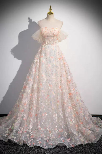 Pink Off Shoulder Lace Floral Long Prom Dresses, Pink Lace Formal Dresses, Pink Floral Evening Dress WT1387