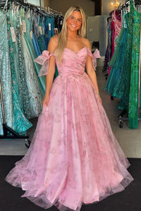Pink Off Shoulder Print Long Prom Dresses, Off the Shoulder Formal Dresses, Pink Evening Dresses WT1398