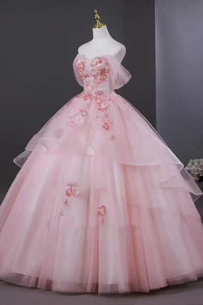 Pink Off the Shoulder Floral Long Prom Dresses, Pink Formal Evening Dresses with Appliques, Pink Ball Gown WT1712