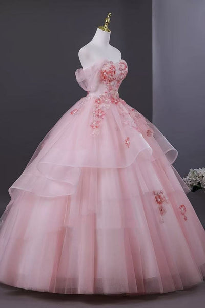 Pink Off the Shoulder Floral Long Prom Dresses, Pink Formal Evening Dresses with Appliques, Pink Ball Gown WT1712