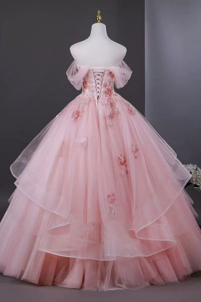 Pink Off the Shoulder Floral Long Prom Dresses, Pink Formal Evening Dresses with Appliques, Pink Ball Gown WT1712