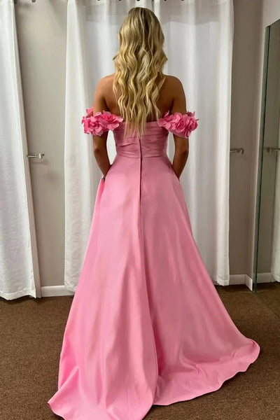 Pink Off the Shoulder Satin Long Prom Dresses with Flowers, Long Pink Formal Graduation Evening Dresses WT1645