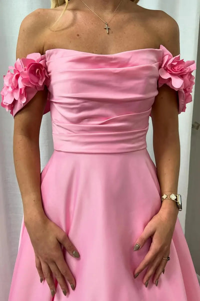 Pink Off the Shoulder Satin Long Prom Dresses with Flowers, Long Pink Formal Graduation Evening Dresses WT1645