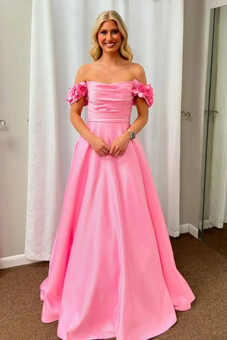 Pink Off the Shoulder Satin Long Prom Dresses with Flowers, Long Pink Formal Graduation Evening Dresses WT1645