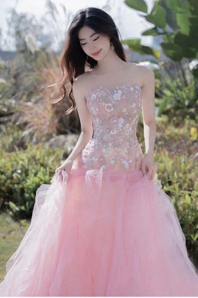 Pink Organza Strapless Pink Lace Floral Long Prom Dresses, Pink Lace Formal Evening Dresses, Pink Ball Gown WT1271
