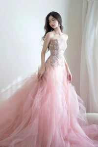Pink Organza Strapless Pink Lace Floral Long Prom Dresses, Pink Lace Formal Evening Dresses, Pink Ball Gown WT1271