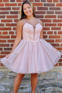 Pink Princess V Neck Lace Tulle Short Prom Dresses, Pink Lace Homecoming Dresses, Short Pink Formal Graduation Evening Dresses WT1523