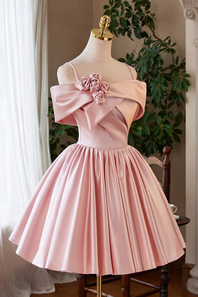 Pink Satin A Line Off the Shoulder Short Prom Dresses with Flowers, Off Shoulder Pink Homecoming Dresses WT1669