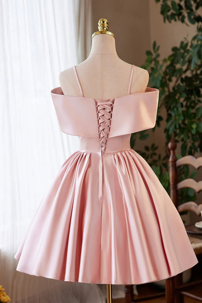 Pink Satin A Line Off the Shoulder Short Prom Dresses with Flowers, Off Shoulder Pink Homecoming Dresses WT1669