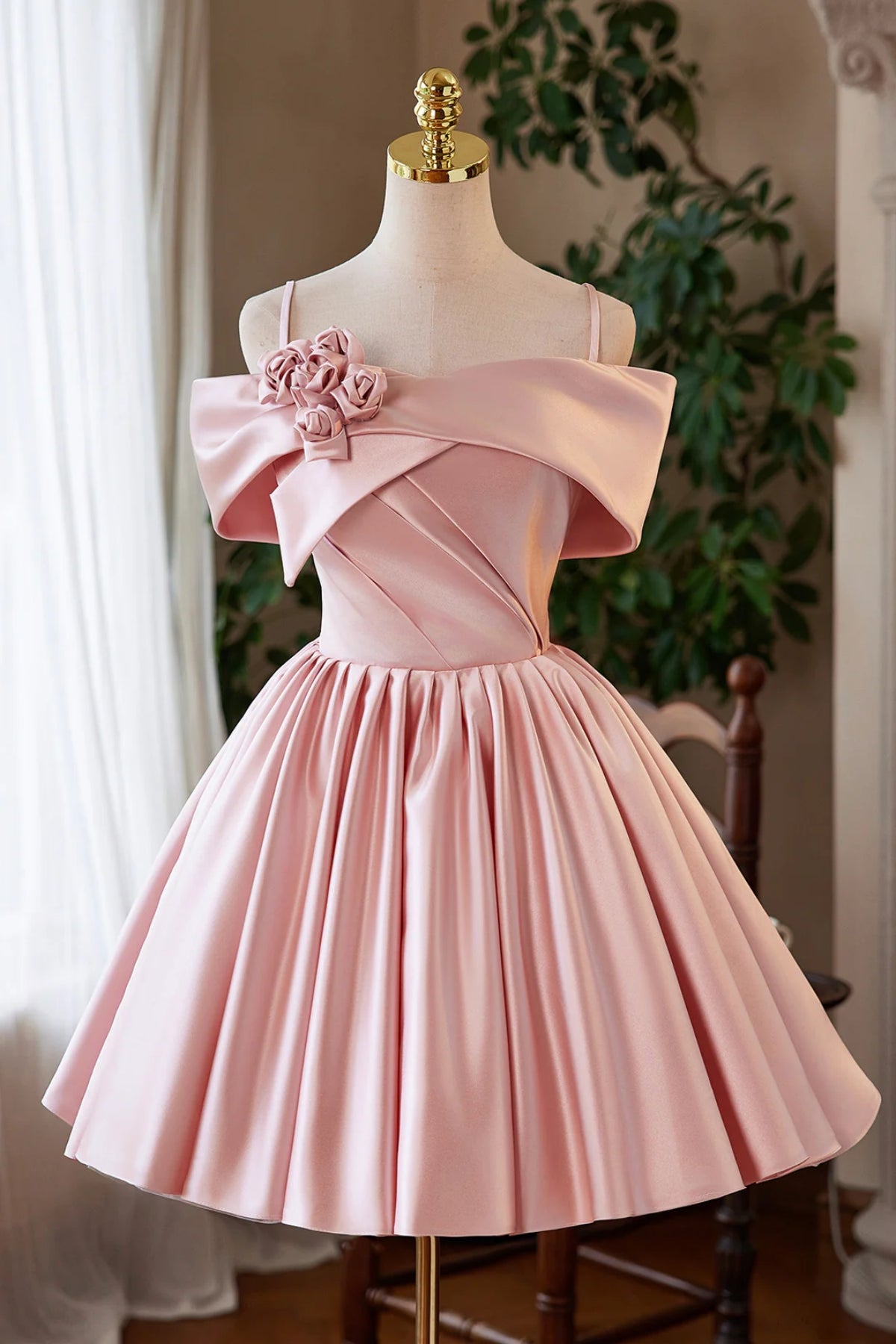 Pink Satin A Line Off the Shoulder Short Prom Dresses with Flowers, Off Shoulder Pink Homecoming Dresses WT1669