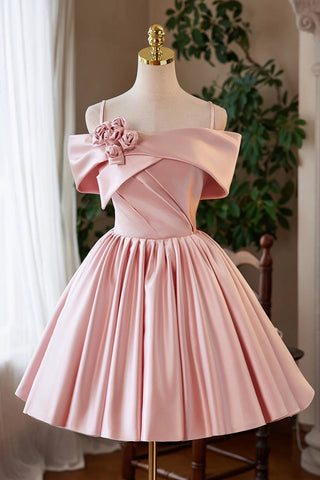 Pink Satin A Line Off the Shoulder Short Prom Dresses with Flowers, Off Shoulder Pink Homecoming Dresses WT1669