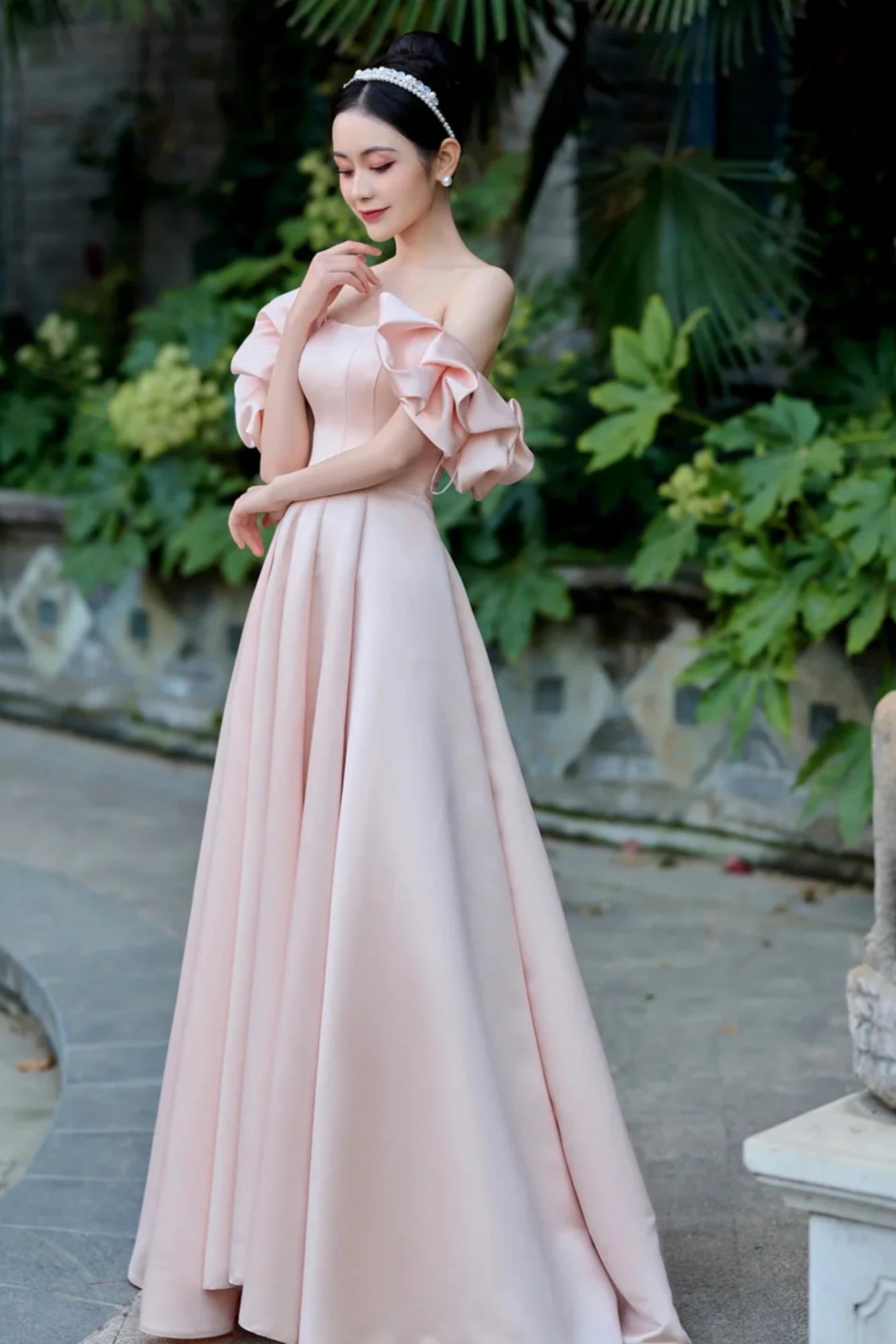 Pink Satin Off Shoulder Long Prom Dresses, Off the Shoulder Formal Dre – Lwt Dress