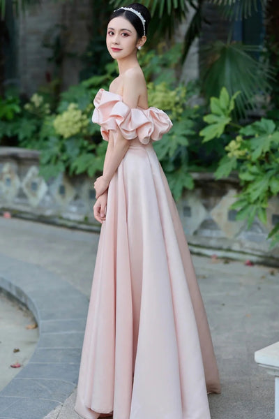 Pink Satin Off Shoulder Long Prom Dresses, Off the Shoulder Formal Dresses, Pink Evening Dresses WT1390