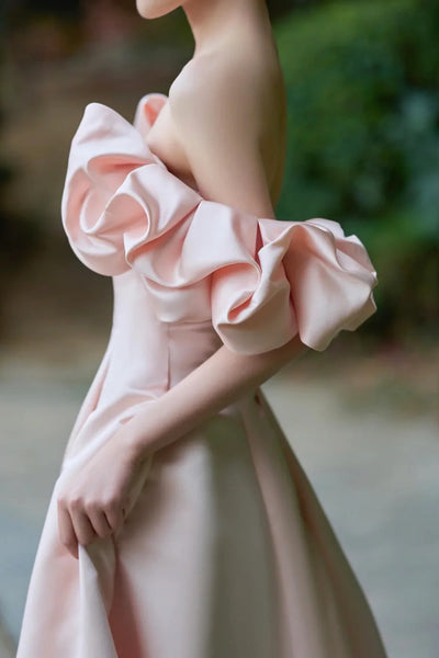 Pink Satin Off Shoulder Long Prom Dresses, Off the Shoulder Formal Dresses, Pink Evening Dresses WT1390