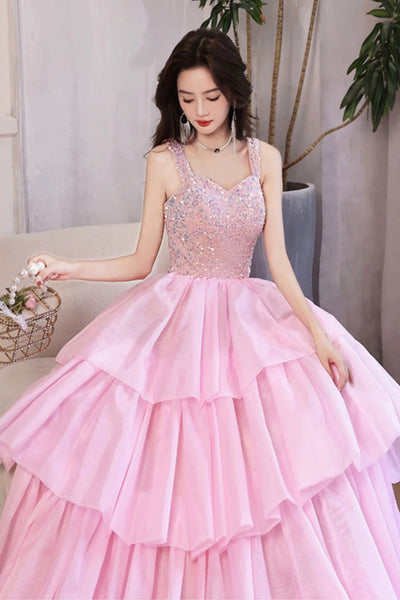 Pink Sequins A Line Layered Long Prom Dresses, Long Pink Formal Graduation Evening Dresses WT1407