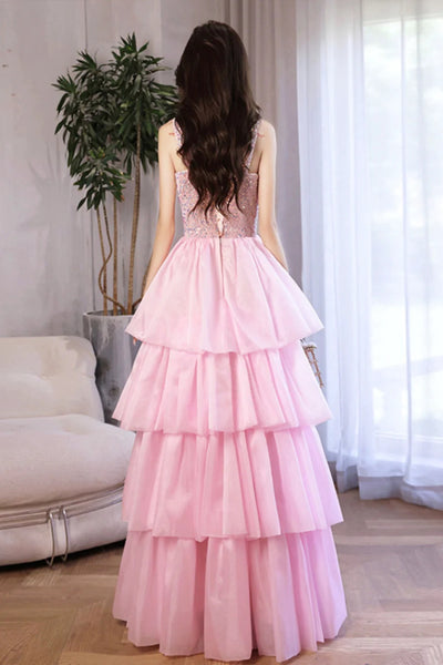 Pink Sequins A Line Layered Long Prom Dresses, Long Pink Formal Graduation Evening Dresses WT1407