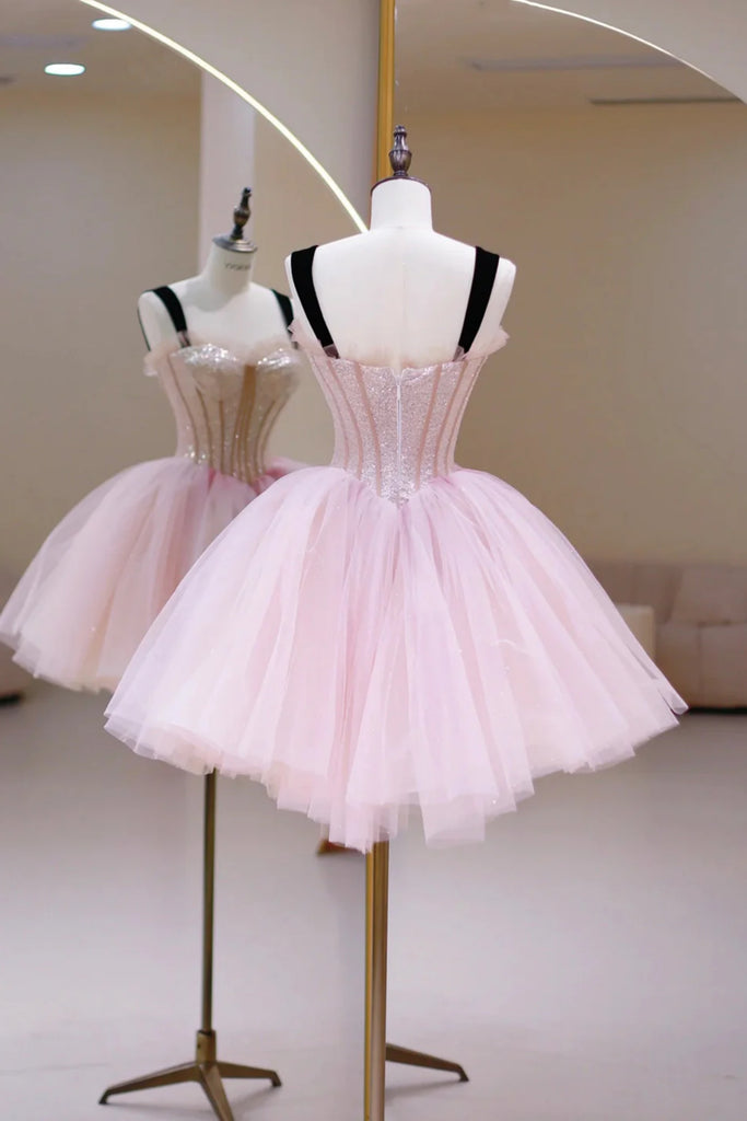short prom dresses tutu Ball Gown Sweetheart Beaded Crystal Tiered Pink Short Prom Dresses, Homecoming Dress SH562