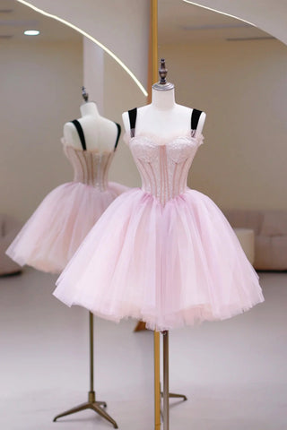 Pink Sequins Sweetheart Neck Tulle Short Prom Dresses, Pink Tulle Homecoming Dresses, Short Formal Evening Dresses WT1284