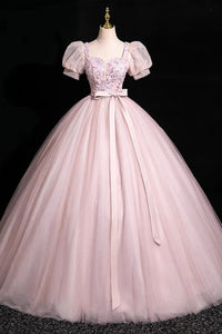 Pink Short Sleeves Floor Length Tulle Long Prom Dresses, Long Pink Tulle Formal Evening Dresses WT1545