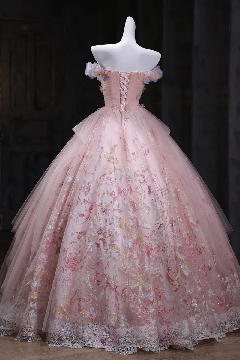 Pink Tulle A Line Lace Long Prom Dresses with Appliques, Pink Floral F ...