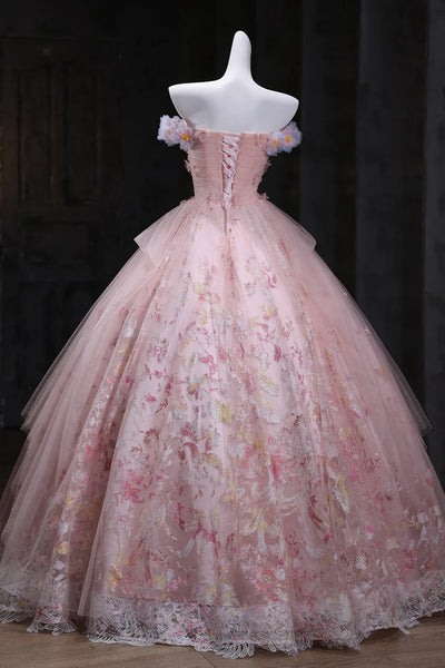 Pink Tulle A Line Lace Long Prom Dresses with Appliques, Pink Floral Formal Evening Dresses WT1676