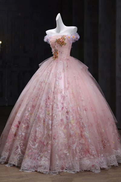 Pink Tulle A Line Lace Long Prom Dresses with Appliques, Pink Floral Formal Evening Dresses WT1676