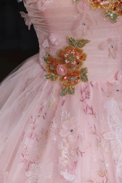 Pink Tulle A Line Lace Long Prom Dresses with Appliques, Pink Floral Formal Evening Dresses WT1676
