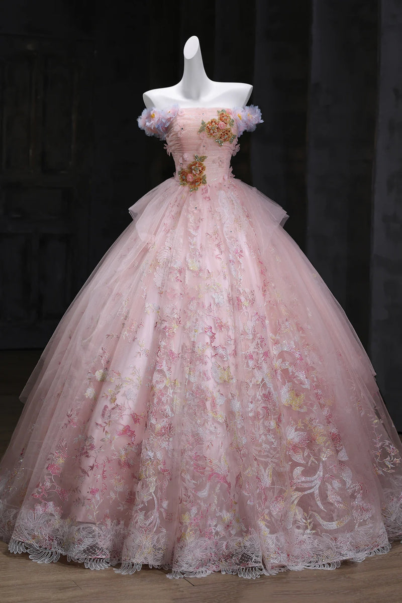 Pink Tulle A Line Lace Long Prom Dresses with Appliques, Pink Floral F ...