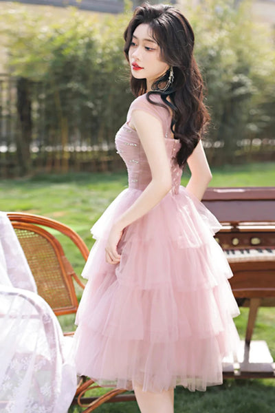 Pink Tulle A Line Layered Beaded Short Prom Dresses, Pink Homecoming Dresses WT1657