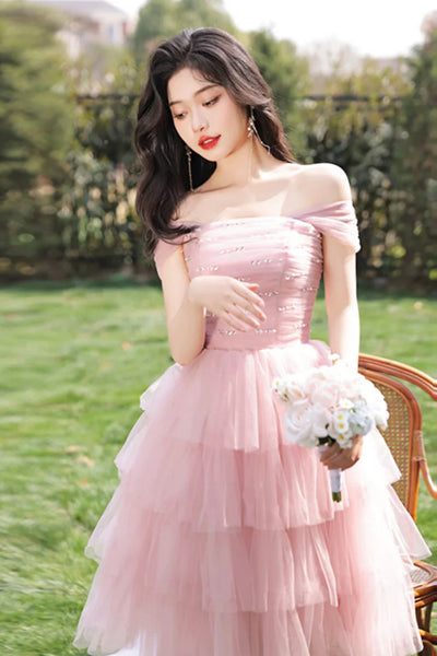 Pink Tulle A Line Layered Beaded Short Prom Dresses, Pink Homecoming Dresses WT1657