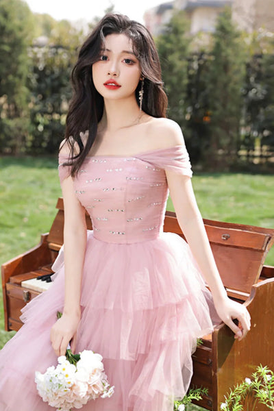 Pink Tulle A Line Layered Beaded Short Prom Dresses, Pink Homecoming Dresses WT1657
