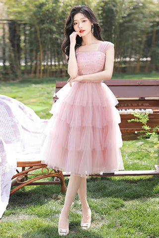 Pink Tulle A Line Layered Beaded Short Prom Dresses, Pink Homecoming Dresses WT1657