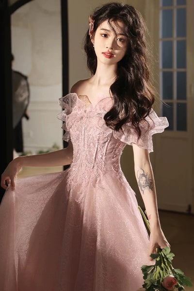 Pink Tulle A Line Off Shoulder Lace Long Prom Dresses, Off the Shoulder Pink Formal Dresses, Pink Lace Evening Dresses WT1541