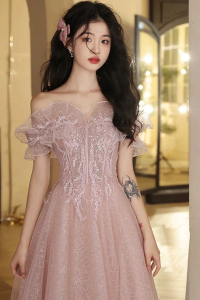 Pink Tulle A Line Off Shoulder Lace Long Prom Dresses, Off the Shoulder Pink Formal Dresses, Pink Lace Evening Dresses WT1541