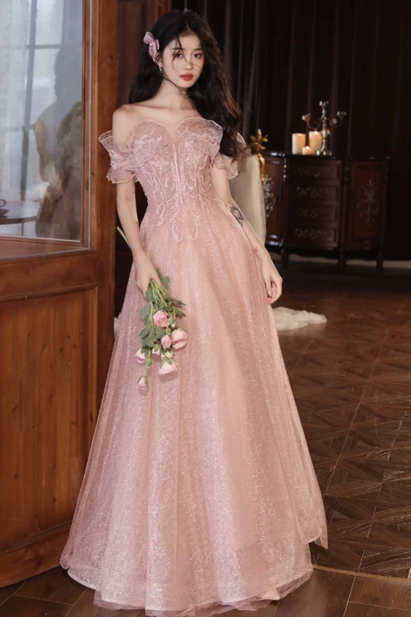 Pink Tulle A Line Off Shoulder Lace Long Prom Dresses, Off the Shoulde Lwt Dress Pink Tulle A Line Off Shoulder Lace Long Prom Dresses, Off the Shoulde Lwt Dress