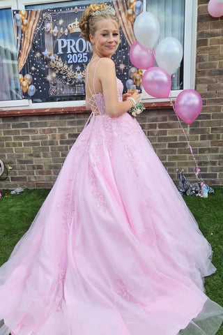 Pink Tulle A Line Open Back Lace Long Prom Dresses, Pink Lace Formal Dresses, Pink Evening Dresses WT1697