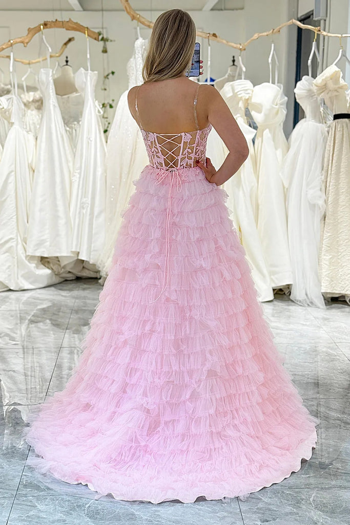 Pink Tulle A Line Open Back Layered Lace Long Prom Dresses, Pink Lace